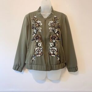 Chico’s Collectibles Embroidered Bomber Jacket Olive Green Size 2 Large
